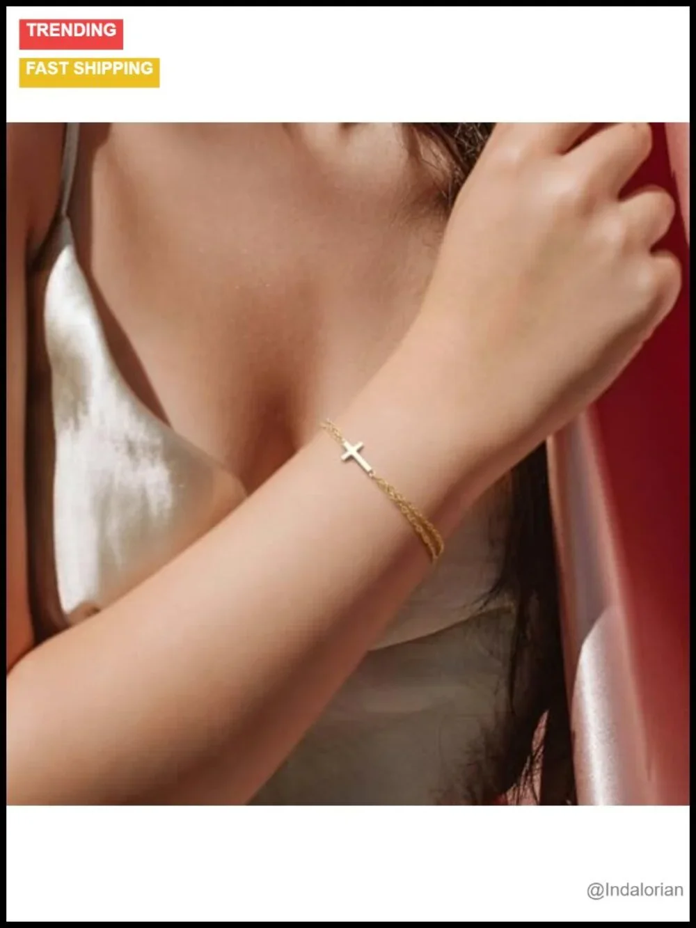 14K Gold Plated Sideways Cross Bracelet Layered Double Chain Adjustable
